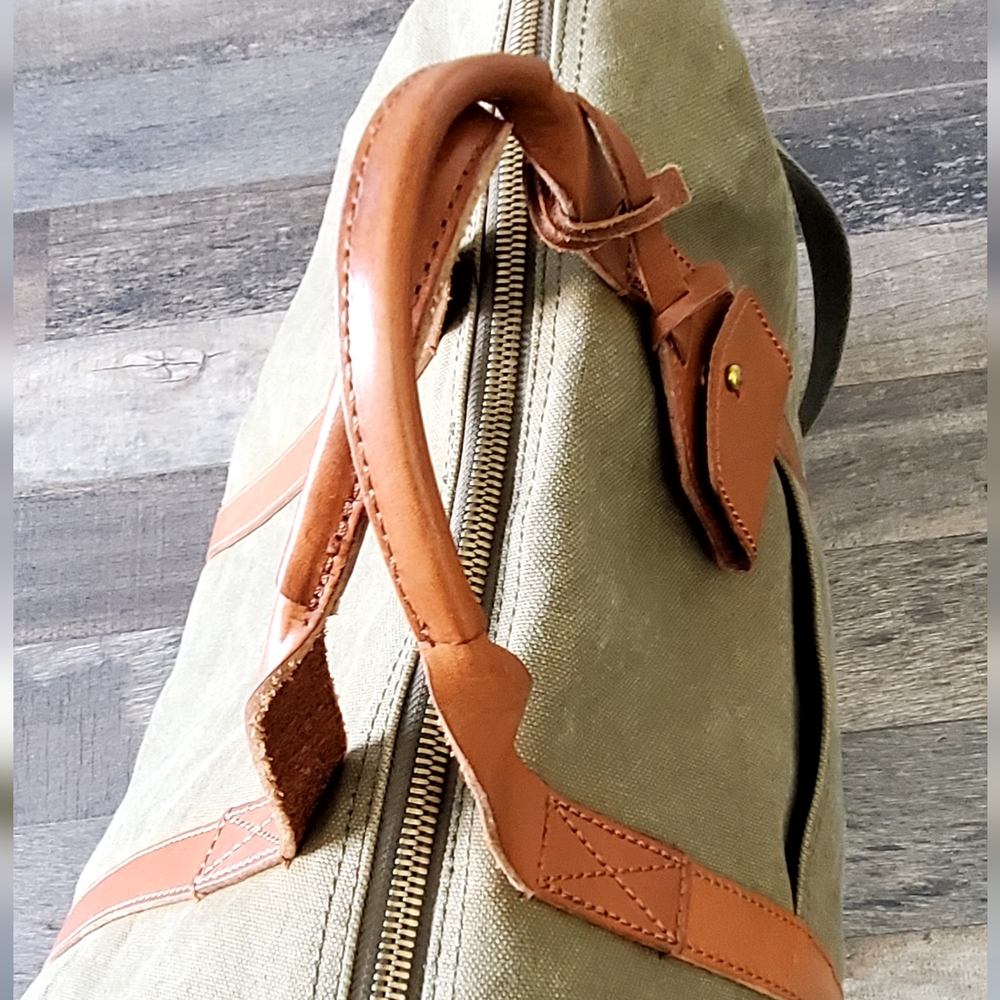 Madewell Essential Weekender Washed Canvas Bag, Army Gr./Brown Leather, EUC - Picture 11 of 15